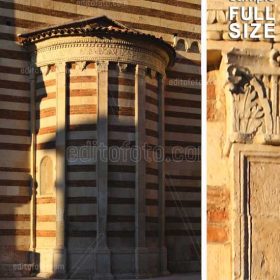 Verona Duomo. La Cattedrale di Santa Maria Matricolare, fu inizialmente costruita nel IV secolo e rasa al suolo nel 1117 causa terremoto. La ricostruzione partì nel 1120 e terminò nel 1187. Dettaglio parete Esterna.